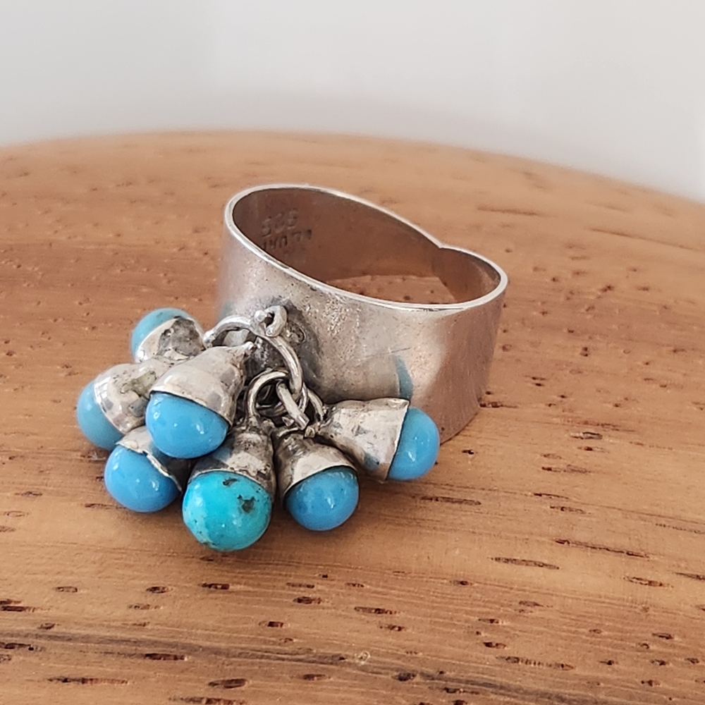 Vintage Sterling Silver Ring with Turquoise Dangle Accents